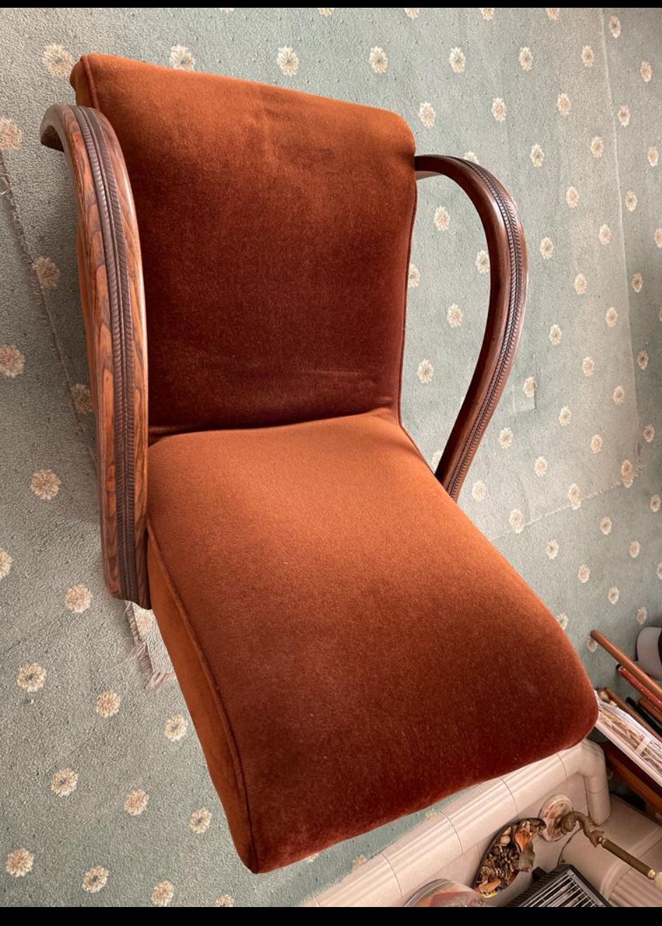 A Beautiful Early 20th Century Rocking Chair. The Material Is A Cross Between Velour And Velvet. photo Furniture