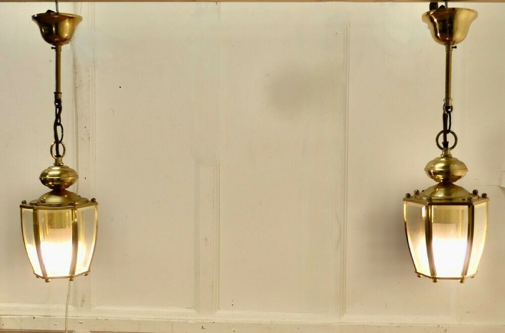 Superb Quality Pair Of Art Deco Style Brass And Glass Lanterns