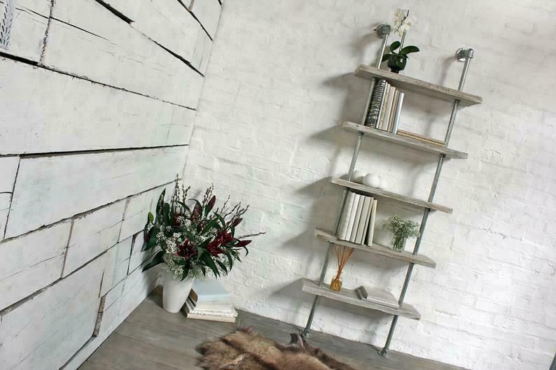 Robyn Adjustable Reclaimed White Washed Scaffolding Boards And Galvanised Steel Pipe Shelves/Bookcase photo Furniture
