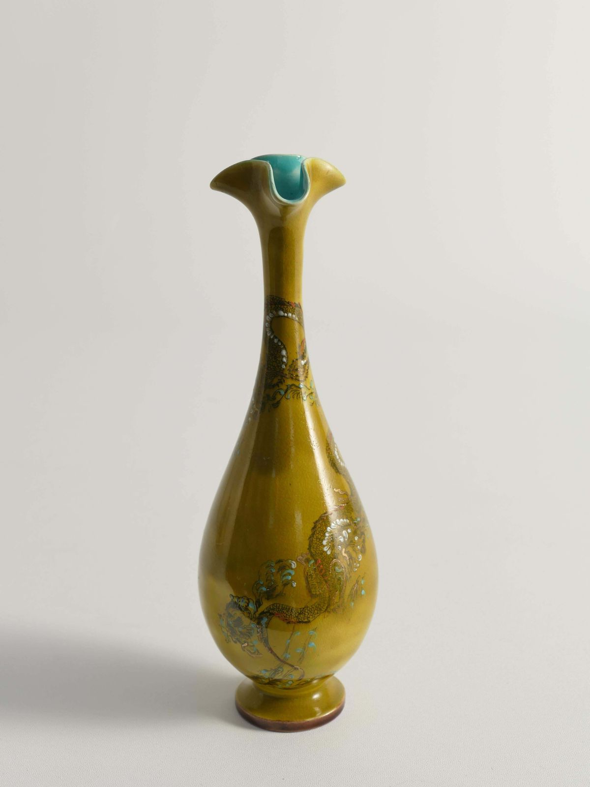 Chinoiserie Ochre Yellow Dragon Vase By Lambeth Doulton Faience, England 1880s photo for sale