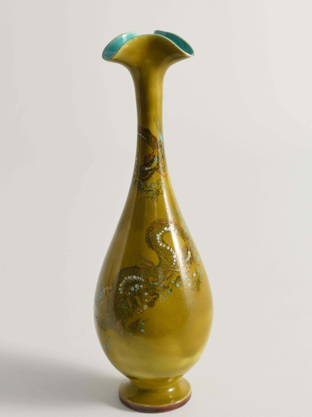 photo for sale Chinoiserie Ochre Yellow Dragon Vase By Lambeth Doulton Faience, England 1880s