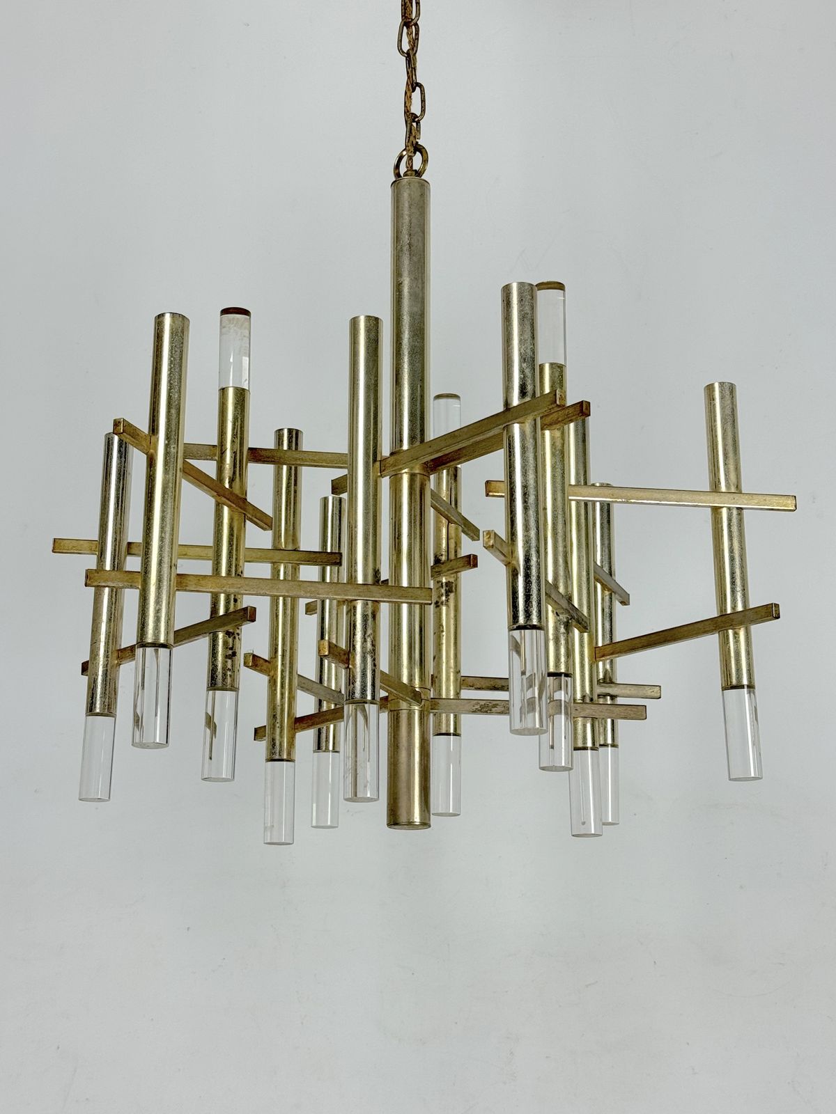 Sciolari 9 Lights Slight Gilded Chrome And Perspex Chandelier Model Ice, Italy 60s photo vintage