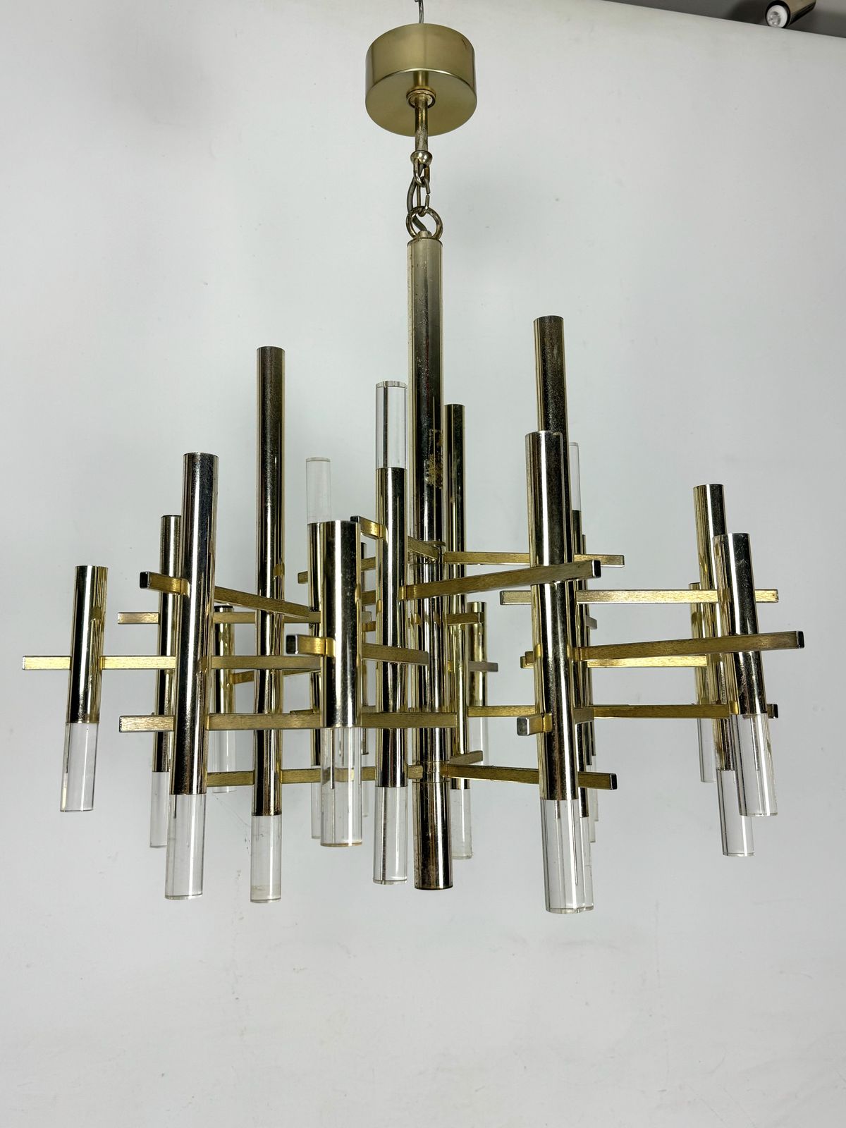 Sciolari 15 Lights Slight Gilded Chrome And Perspex Chandelier Model Ice, Italy 60s photo vintage