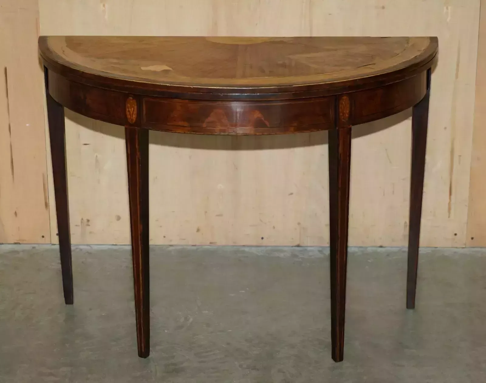 Original Distressed Antique Georgian Sheraton Demi Lune Carved Table Leather Top photo for sale