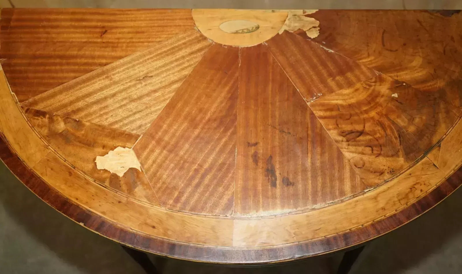 photo furniture Original Distressed Antique Georgian Sheraton Demi Lune Carved Table Leather Top