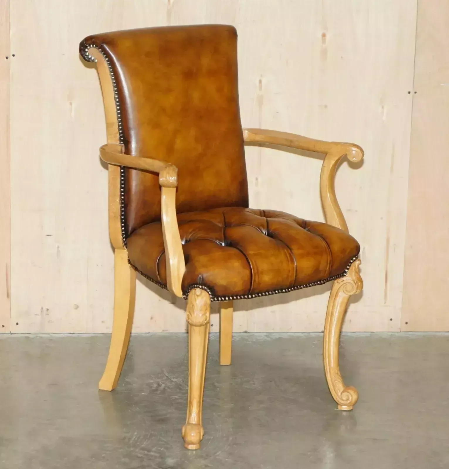 Restored Art Deco 1920's Burr Walnut Brown Leather Chesterfield Office Armchair photo furniture