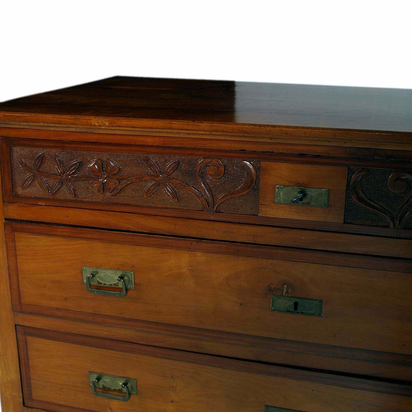Commode Art Nouveau In Walnut , Four Drawers, Carved, Restored, Wax Polished photo furniture