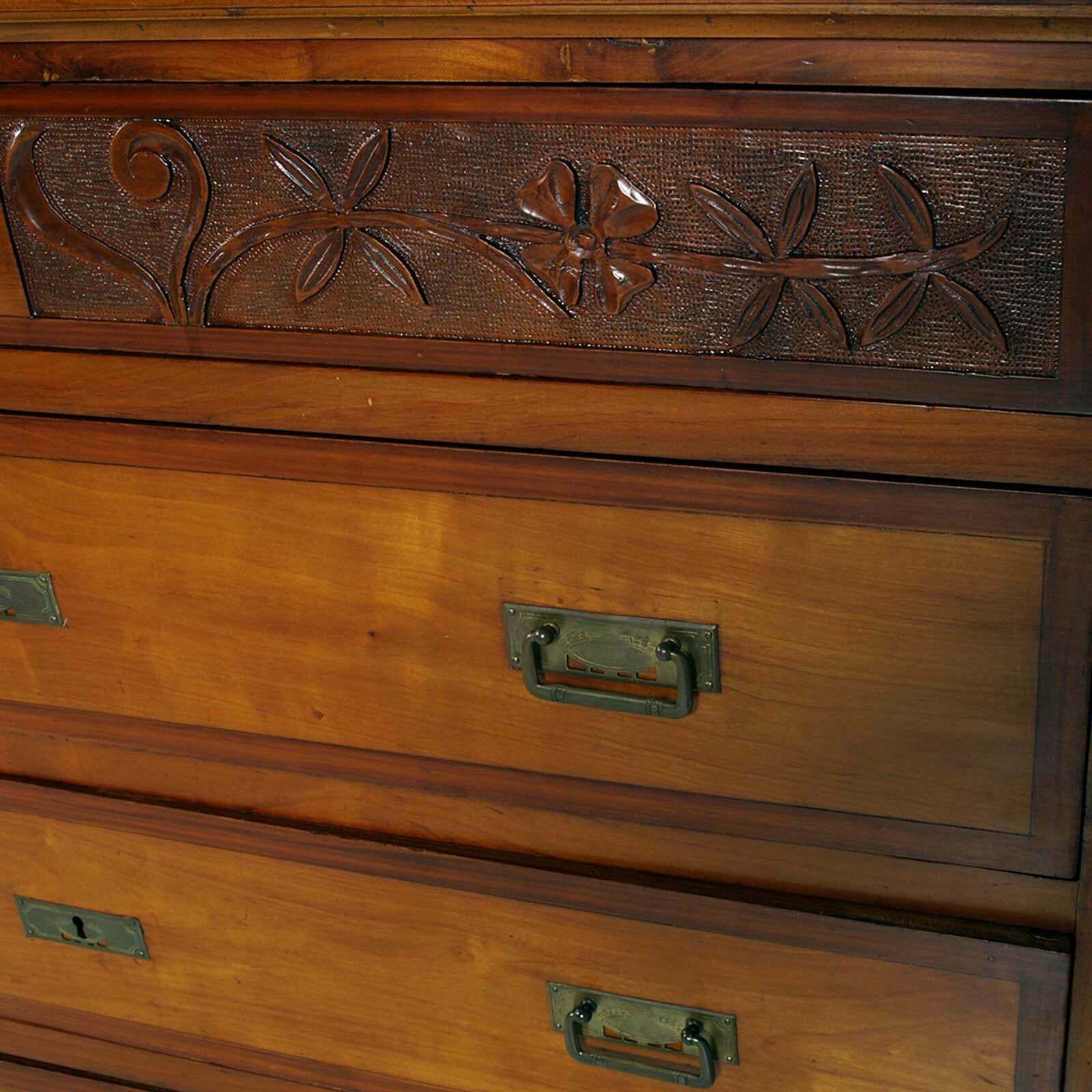 Commode Art Nouveau In Walnut , Four Drawers, Carved, Restored, Wax Polished photo for sale