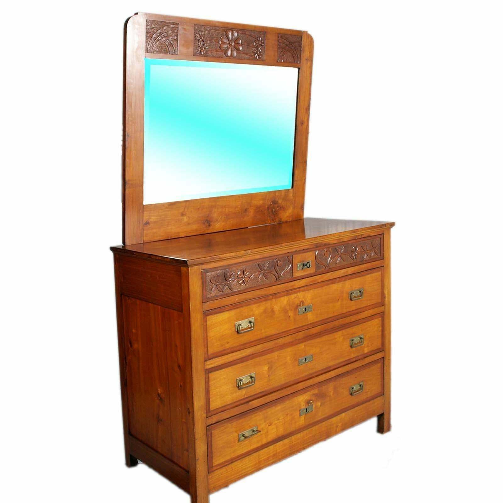 Commode Art Nouveau In Walnut , Four Drawers, Carved, Restored, Wax Polished photo vintage