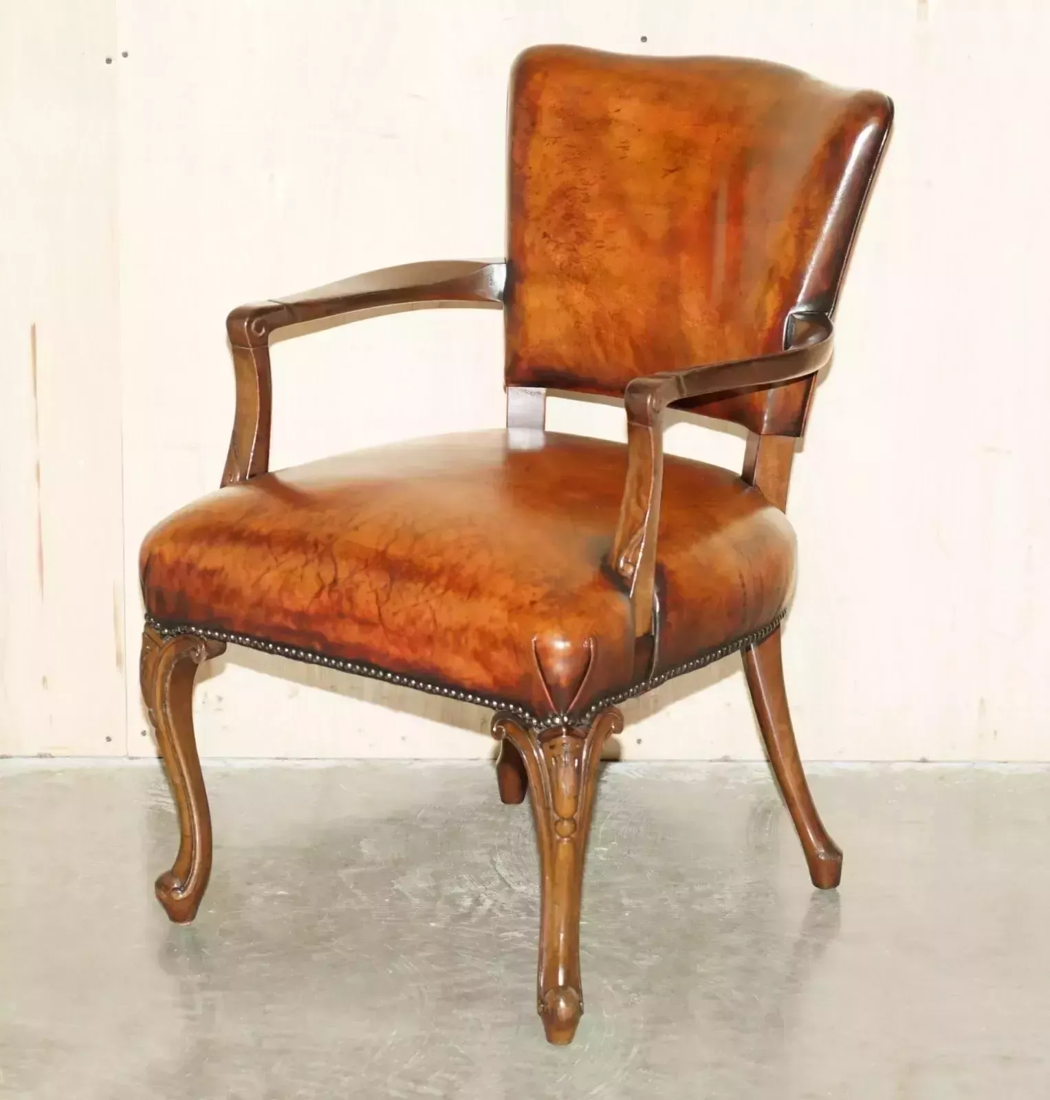 Antique Victorian Restored Hand Dyed Cigar Brown Leather Office Desk Chair