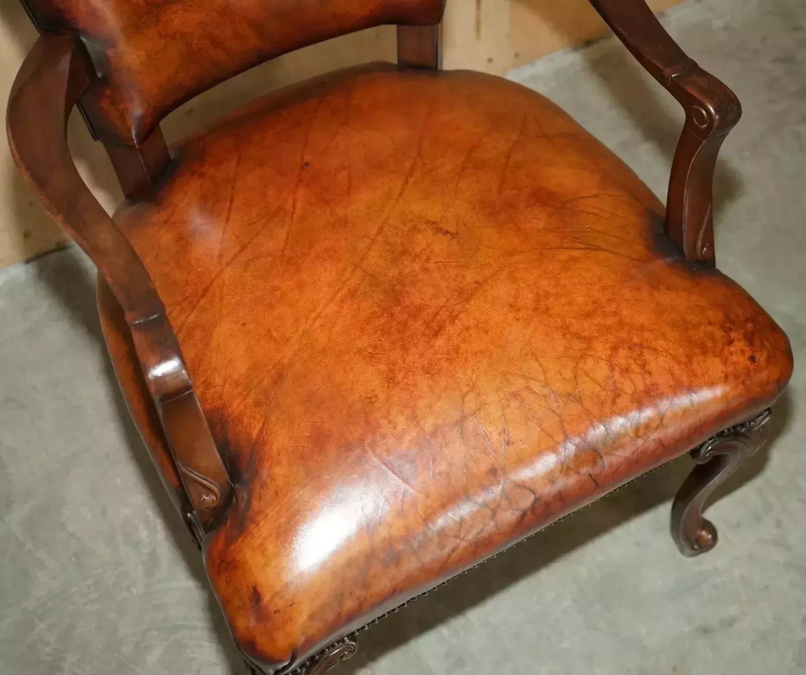 Antique Victorian Restored Hand Dyed Cigar Brown Leather Office Desk Chair photo buy