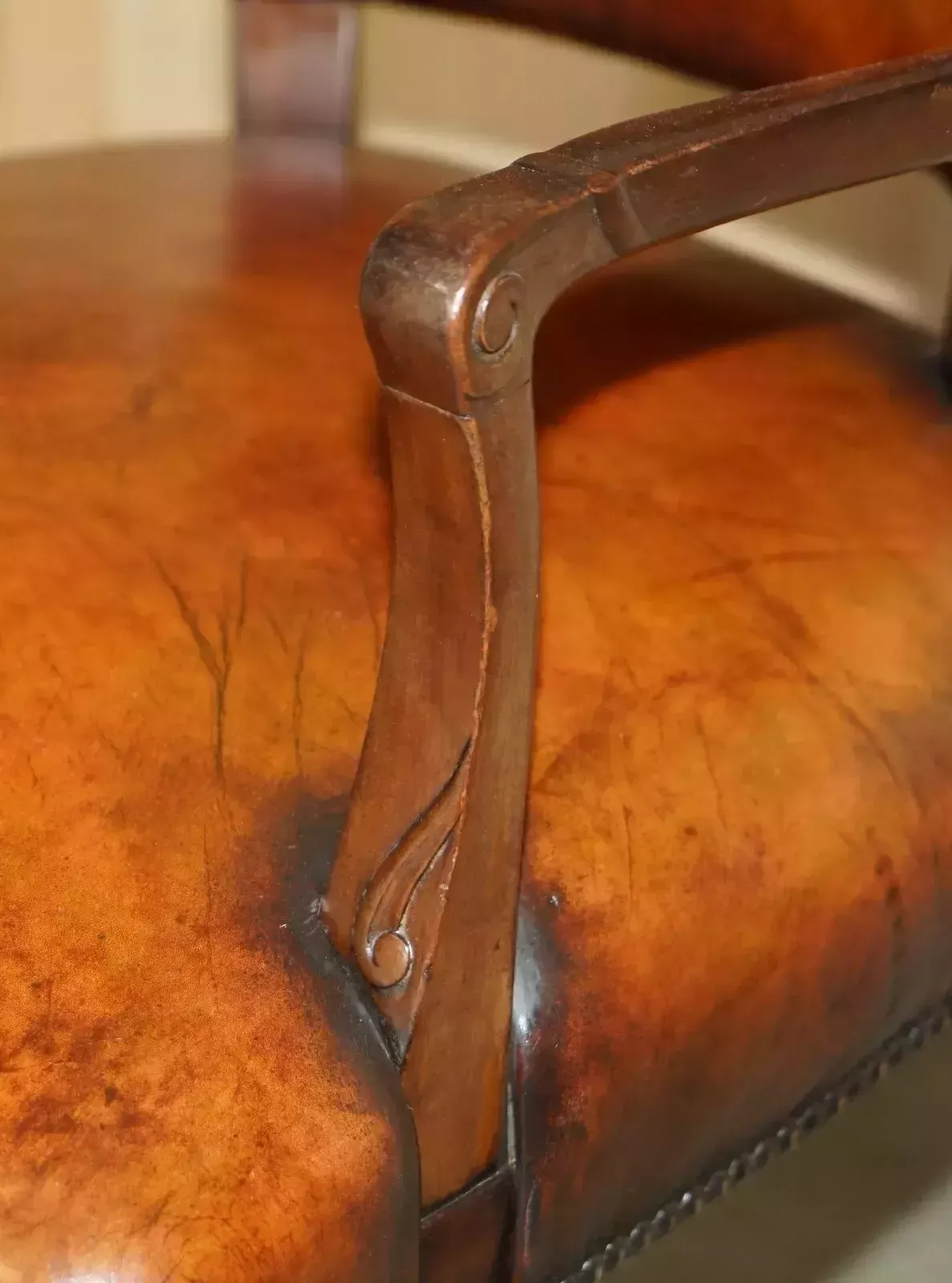 photo for sale Antique Victorian Restored Hand Dyed Cigar Brown Leather Office Desk Chair