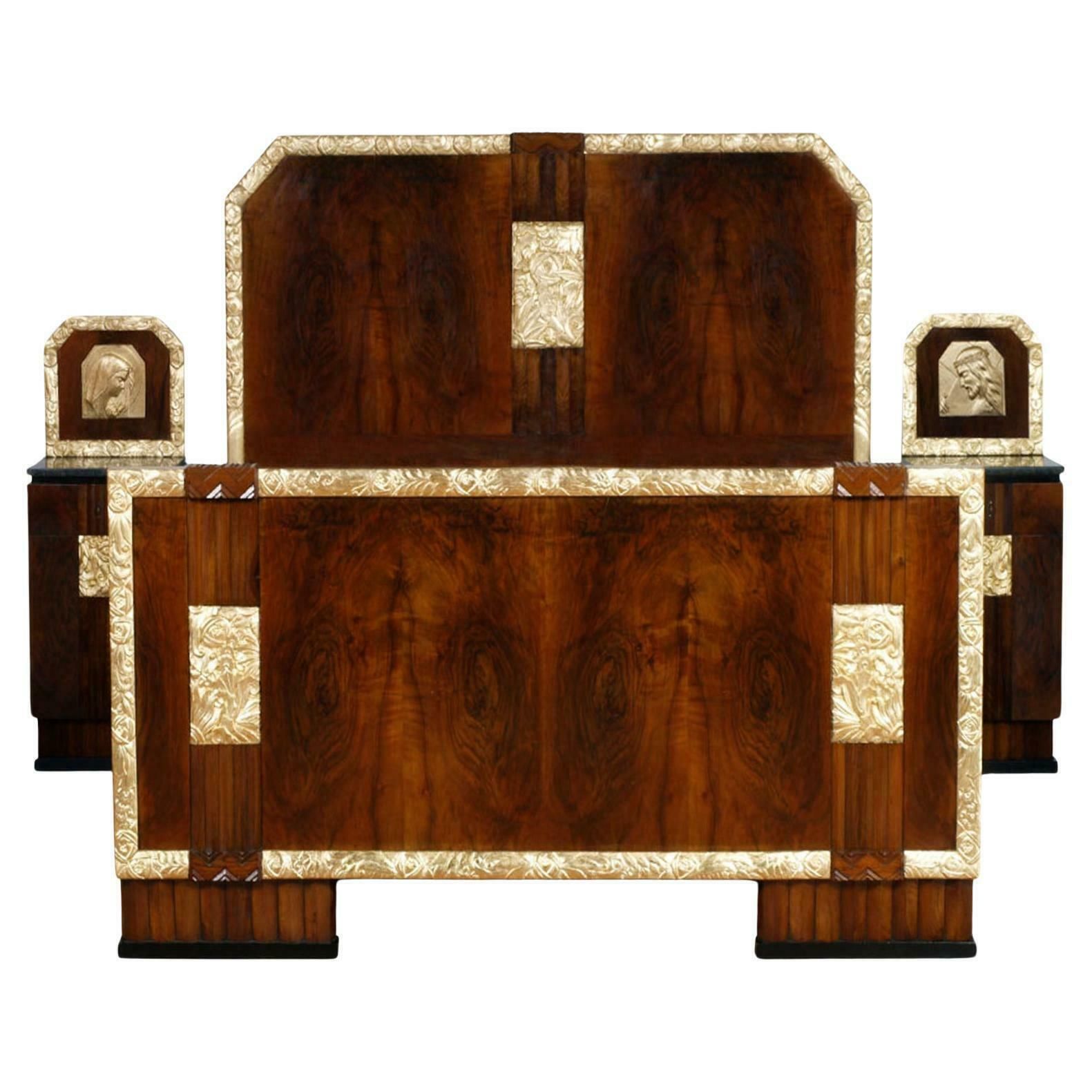 Art Deco Double Bed & Nightstands By Atelier Varedo, Gino Maggioni Attributed.