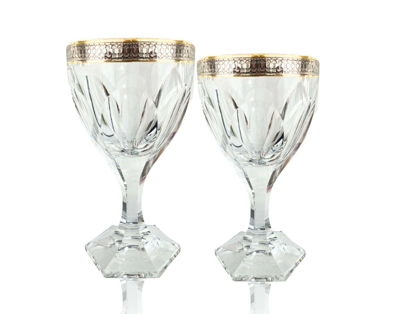 Crystal Heavy Wine Glasses | 6pcs | Rare Titanium Trim | Lady Hamilton Style | Hexagon Feet