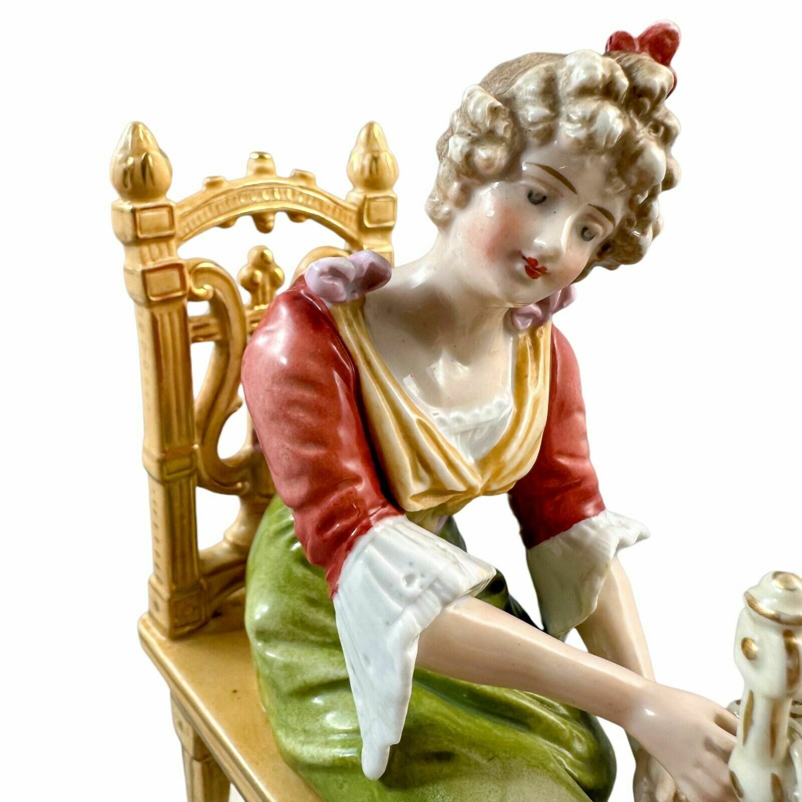 photo for sale Antique Late 19th Century Sitzendorf Porcelain Figurine, Woman At Spinning Wheel