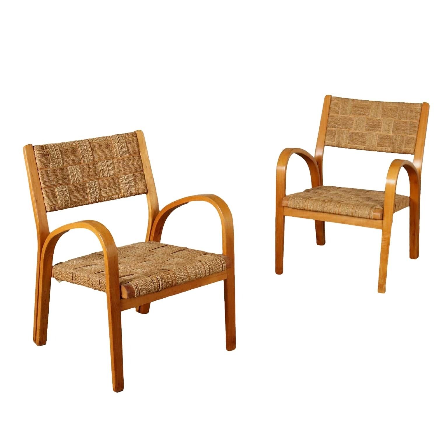 Pair Of Vintage 1950s Armchair Beech Woven Rope Italy