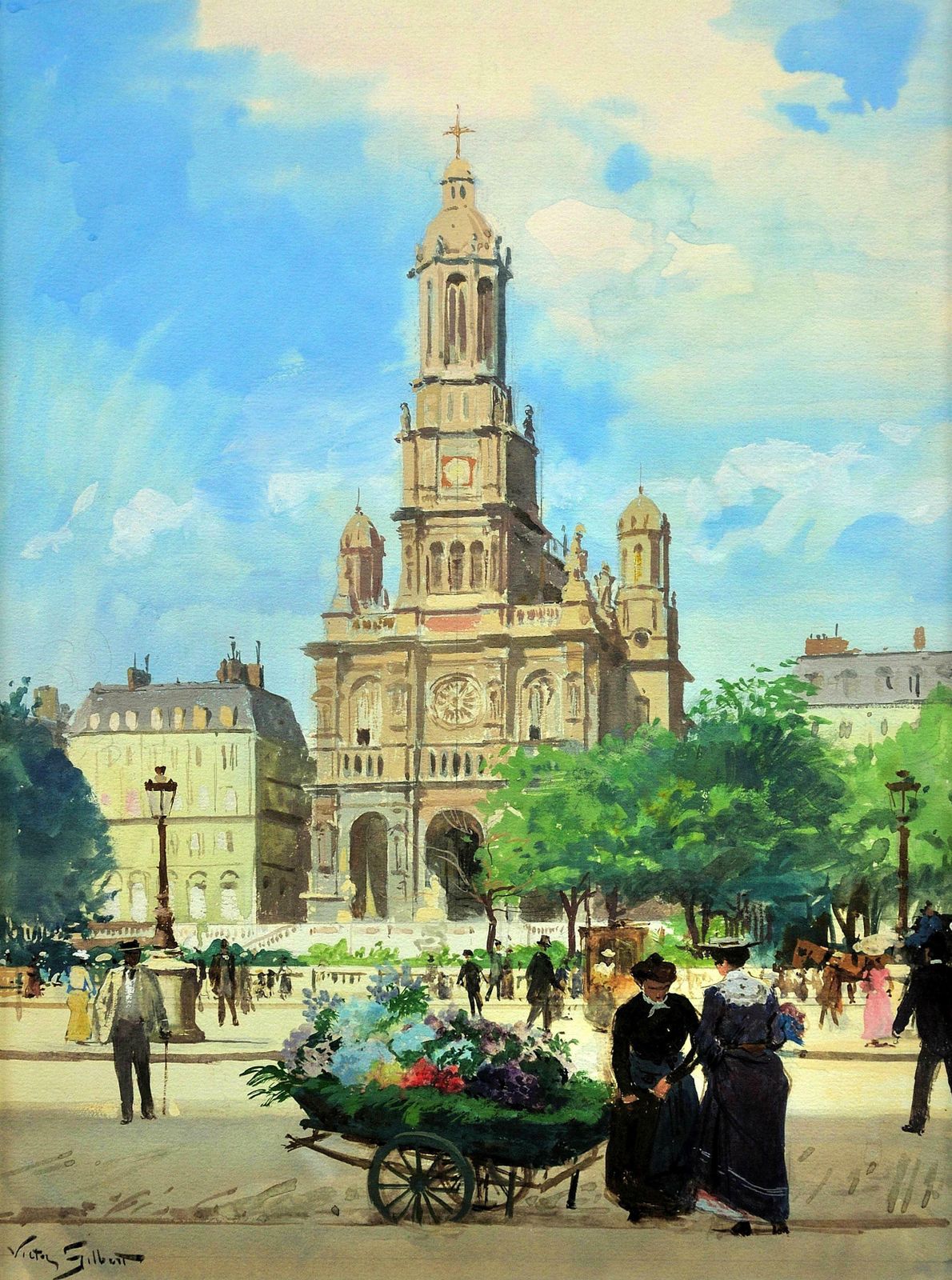 Victor Gabriel Gilbert 1847 To 1933. French. L’ Eglise De La Sainte Trinite, Place De La Trinite, Paris, France. Framed Parisian Cityscape Painting. photo furniture