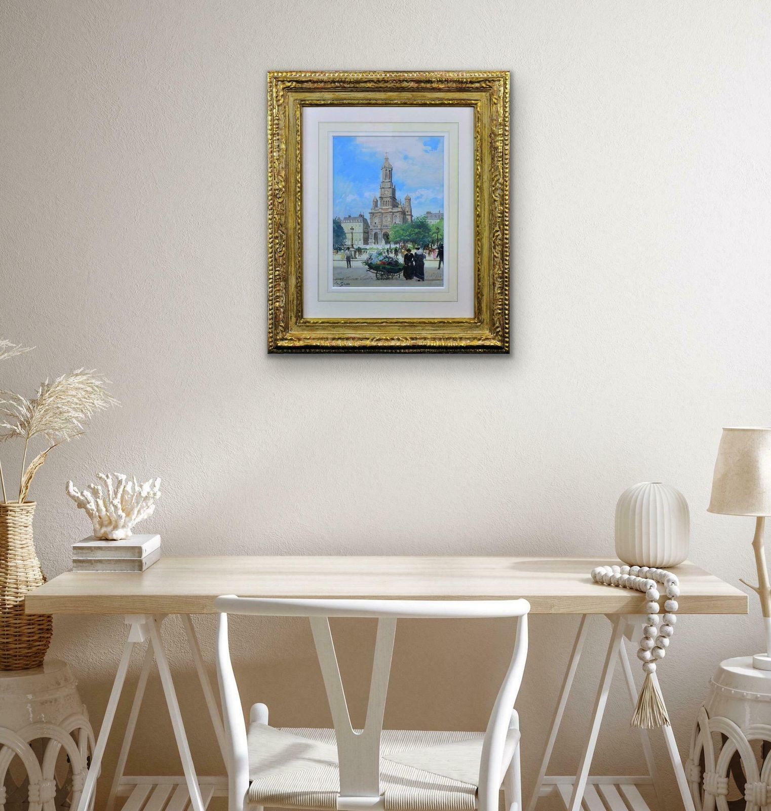 photo furniture Victor Gabriel Gilbert 1847 To 1933. French. L’ Eglise De La Sainte Trinite, Place De La Trinite, Paris, France. Framed Parisian Cityscape Painting.