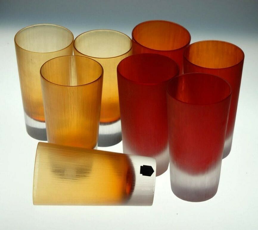Cenedese, 8 Tumblers Red Or Amber, Incisi Velati Heavy Sommerso Murano Glass photo vintage