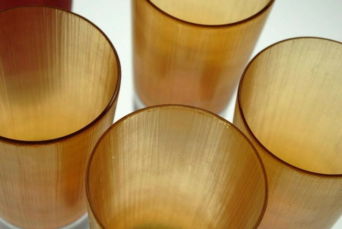 photo vinterior Cenedese, 8 Tumblers Red Or Amber, Incisi Velati Heavy Sommerso Murano Glass
