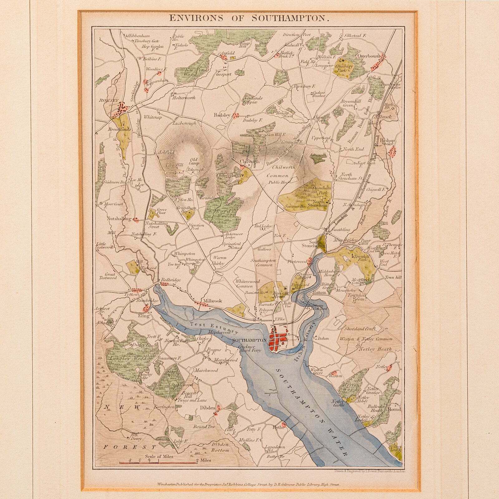 Antique Lithography Map, Environs Of Southampton, English, Framed, Victorian photo 595.0