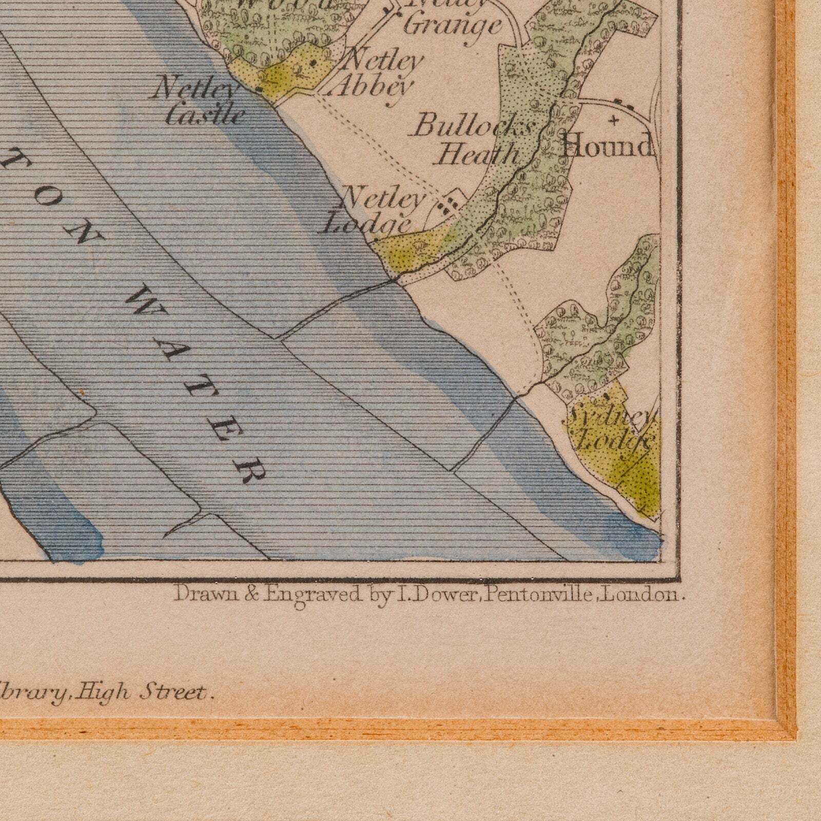595.0 Antique Lithography Map, Environs Of Southampton, English, Framed, Victorian photo