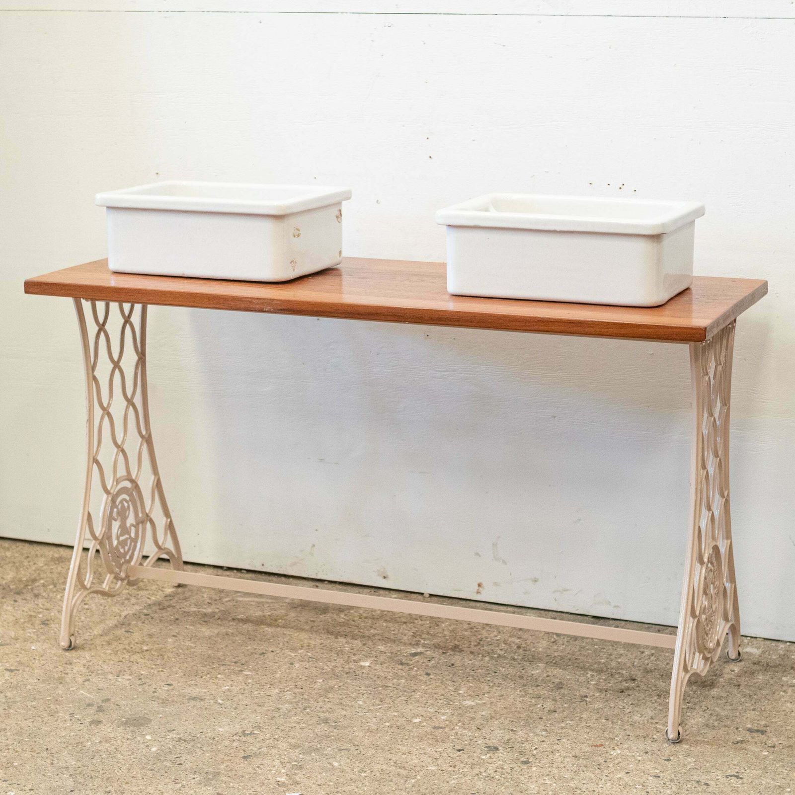 Twin Countertop Butler Sinks On Reclaimed Cast Iron And Teak Unit photo for sale