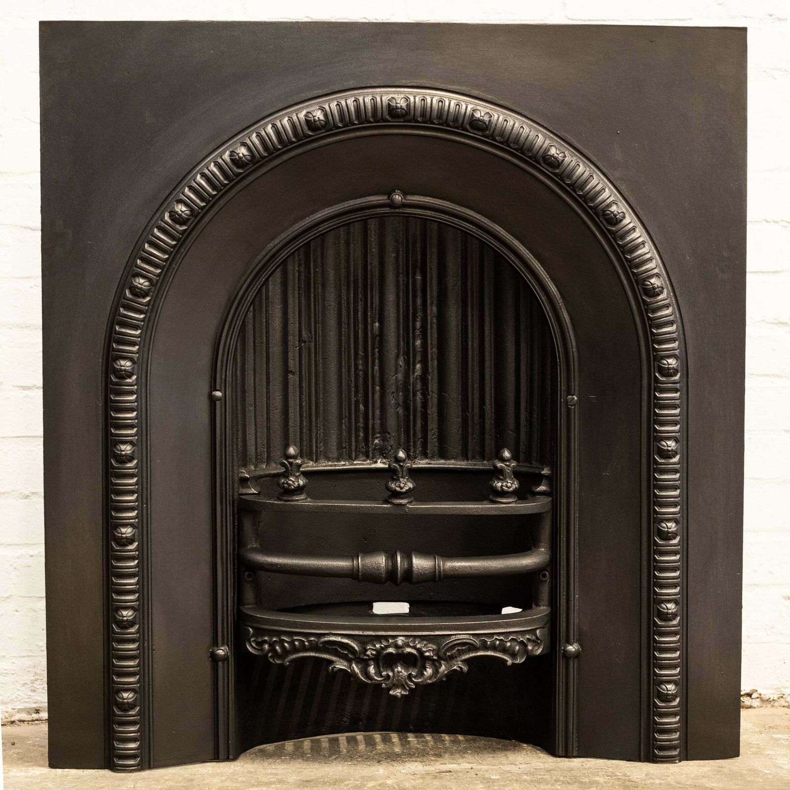 Antique Cast Iron Arched Fireplace Insert With Finials photo for sale