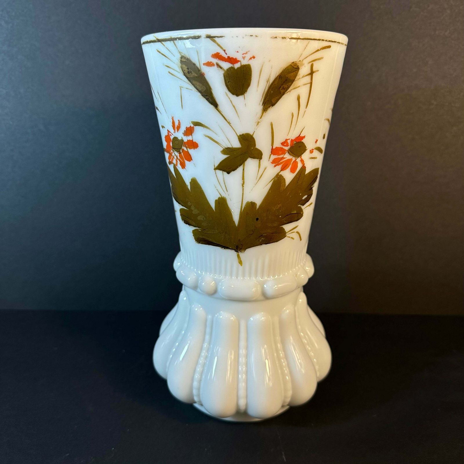 Beautiful French Antique White Milk Glass Vase Handpainted Gold/Orange