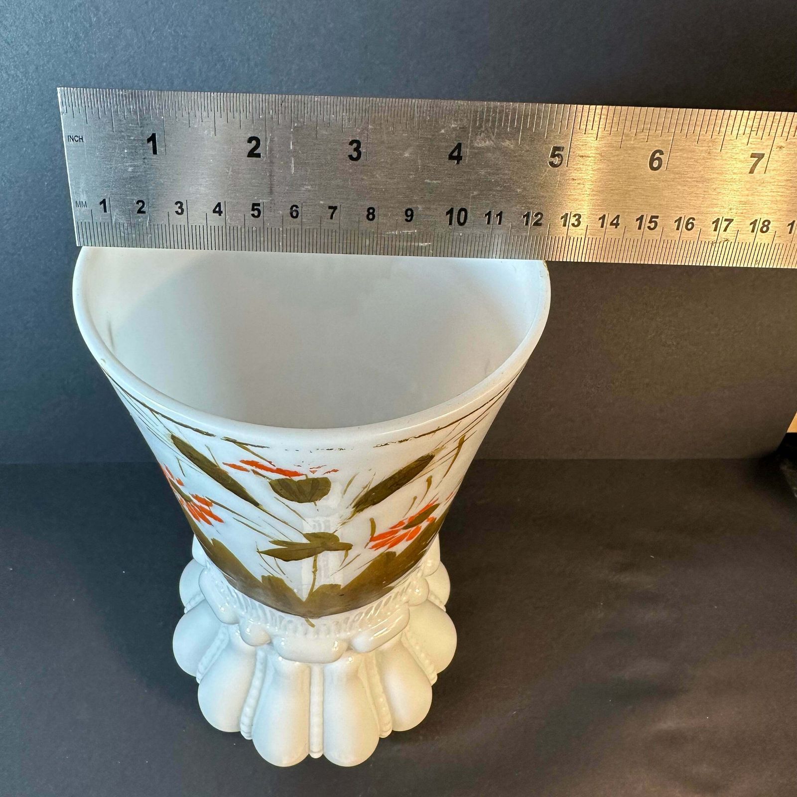 Beautiful French Antique White Milk Glass Vase Handpainted Gold/Orange photo vinterior
