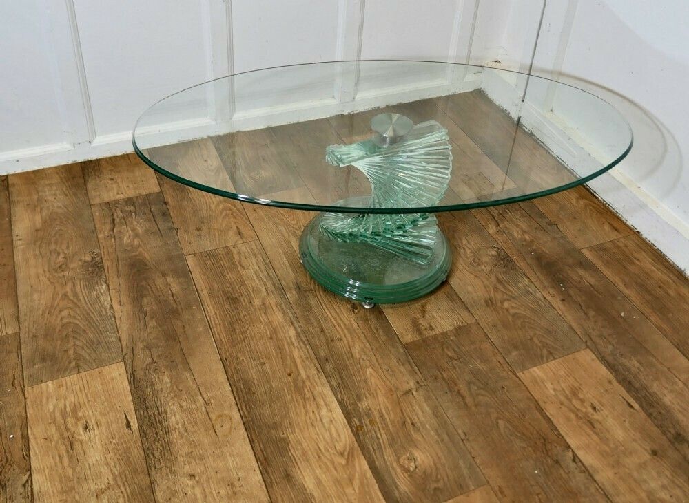 1970s Retro Design Glass Coffee Table Set On A Glass Spiral Helix