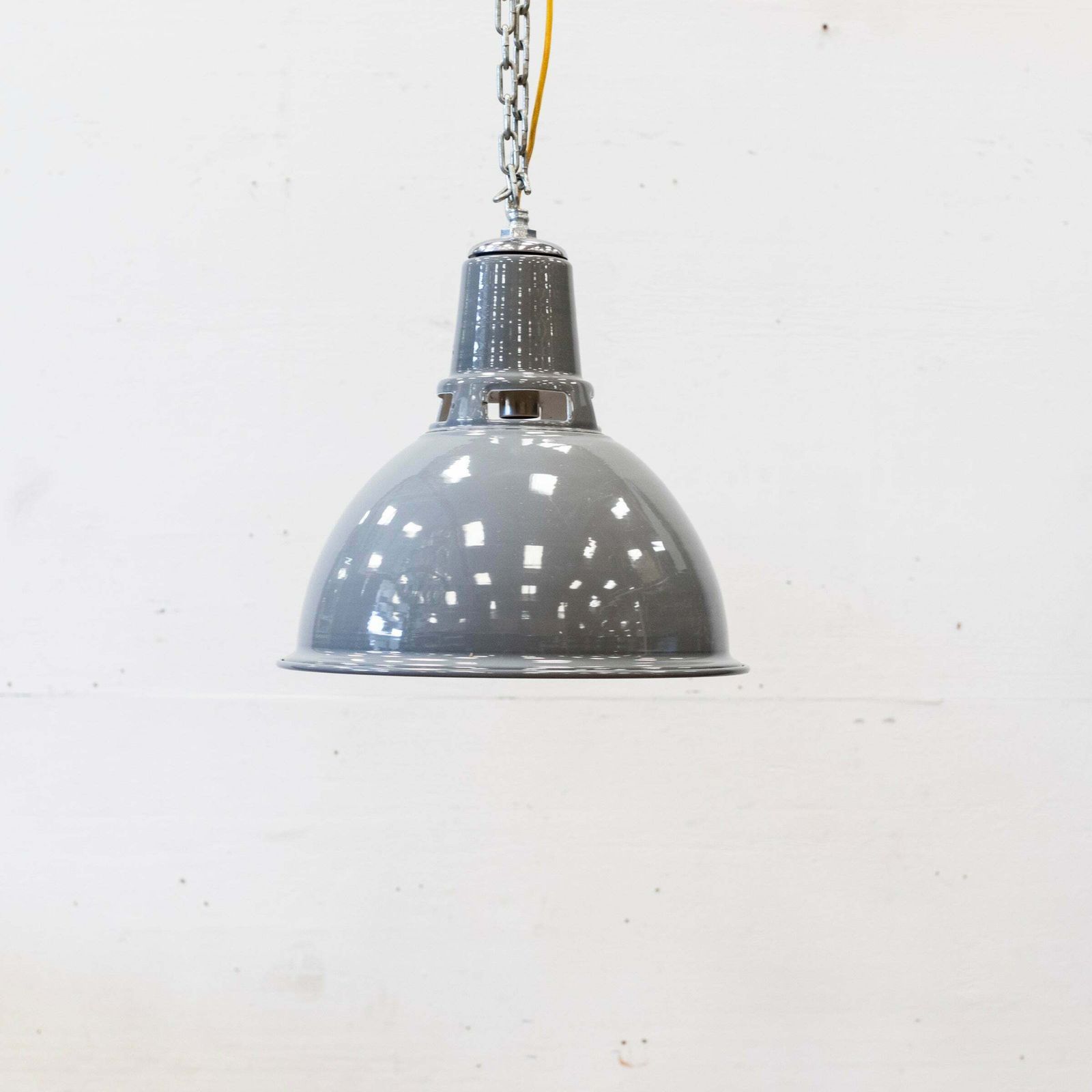 Reclaimed Large Vintage Grey Enamel Pendant Lights | 24 Available photo for sale