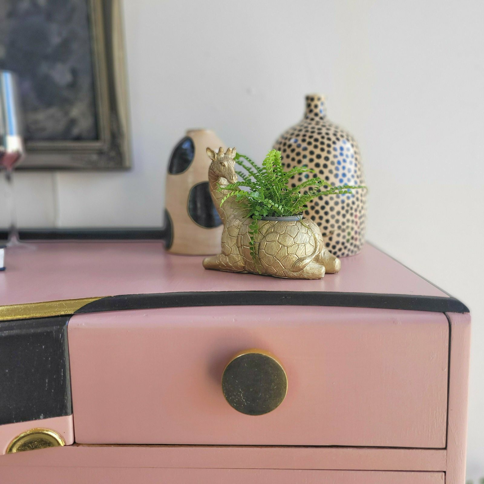 Commission Item! Sideboard  Pink   Black   Gold  Hand Painted   Gold Leaf Design   Vintage   1960s photo furniture