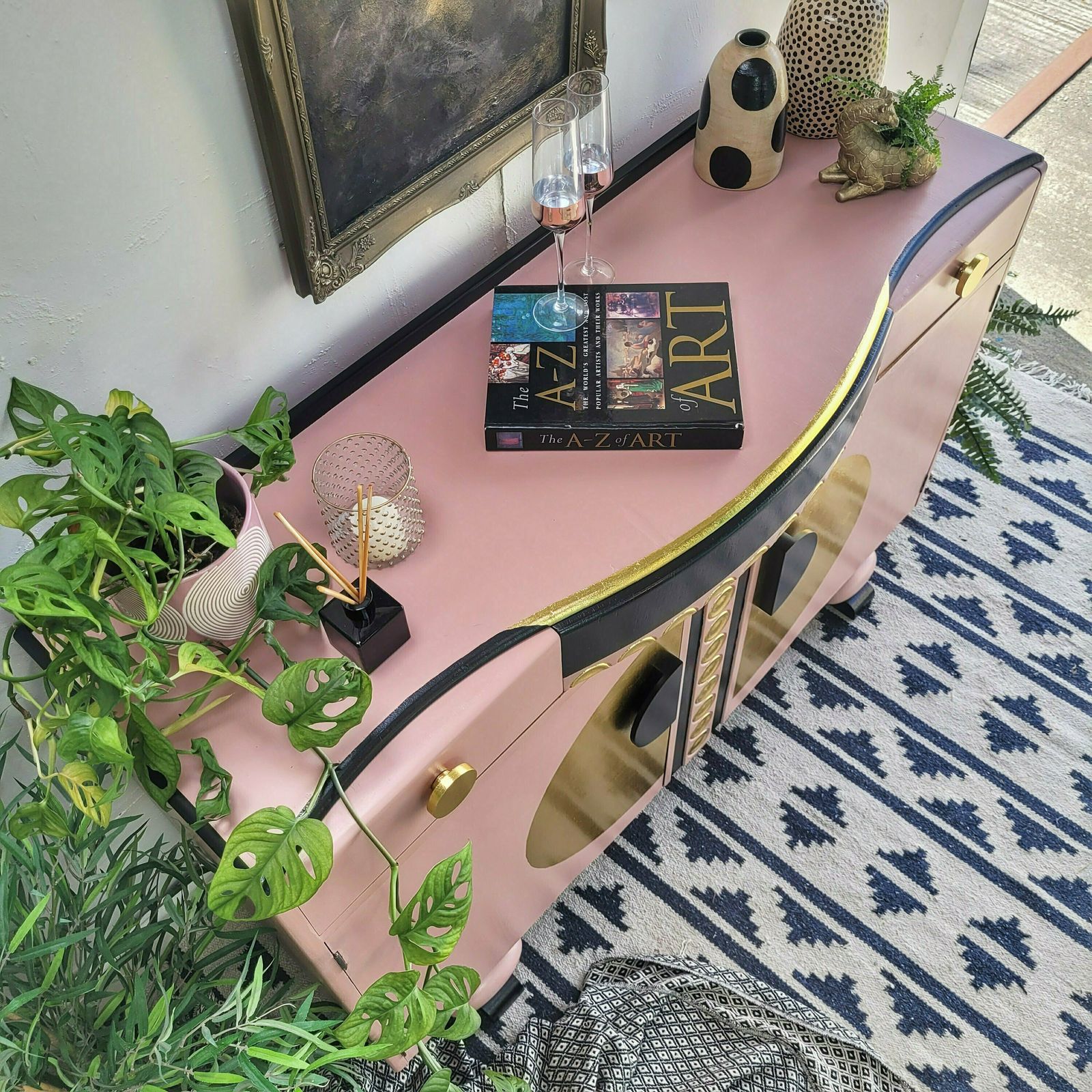 photo furniture Commission Item! Sideboard  Pink   Black   Gold  Hand Painted   Gold Leaf Design   Vintage   1960s