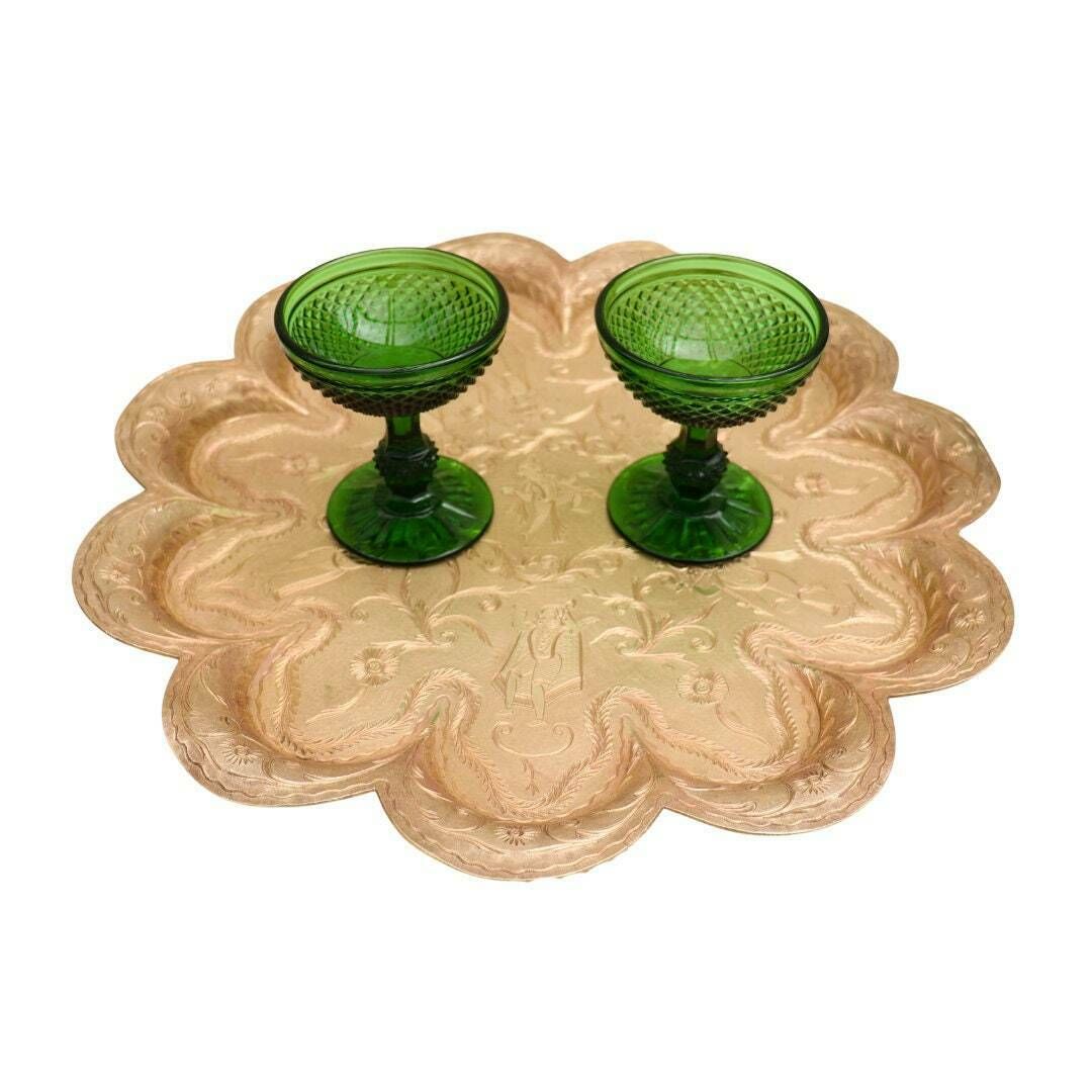 Large Antique Indian Hand Engraved Brass Tray With Figural And Foliate Decoration And Scalloped Edges Diameter 16 ''