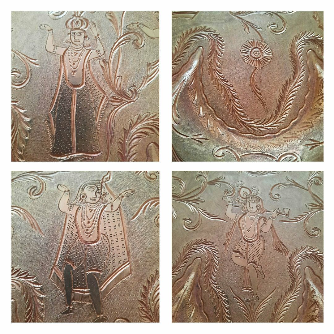Large Antique Indian Hand Engraved Brass Tray With Figural And Foliate Decoration And Scalloped Edges Diameter 16 '' photo for sale