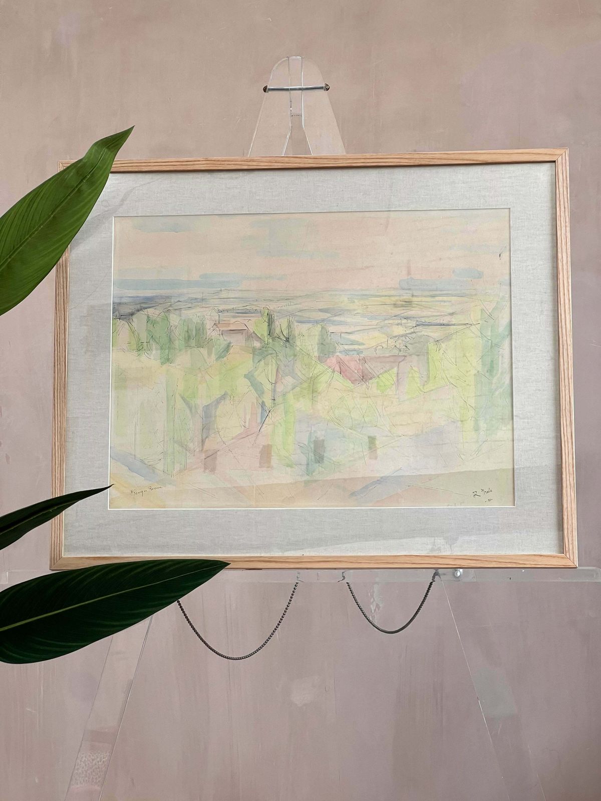 Beautiful Neon Framed Watercolour Painting By Belgium Artist Renè Mels 1951 photo 949.0