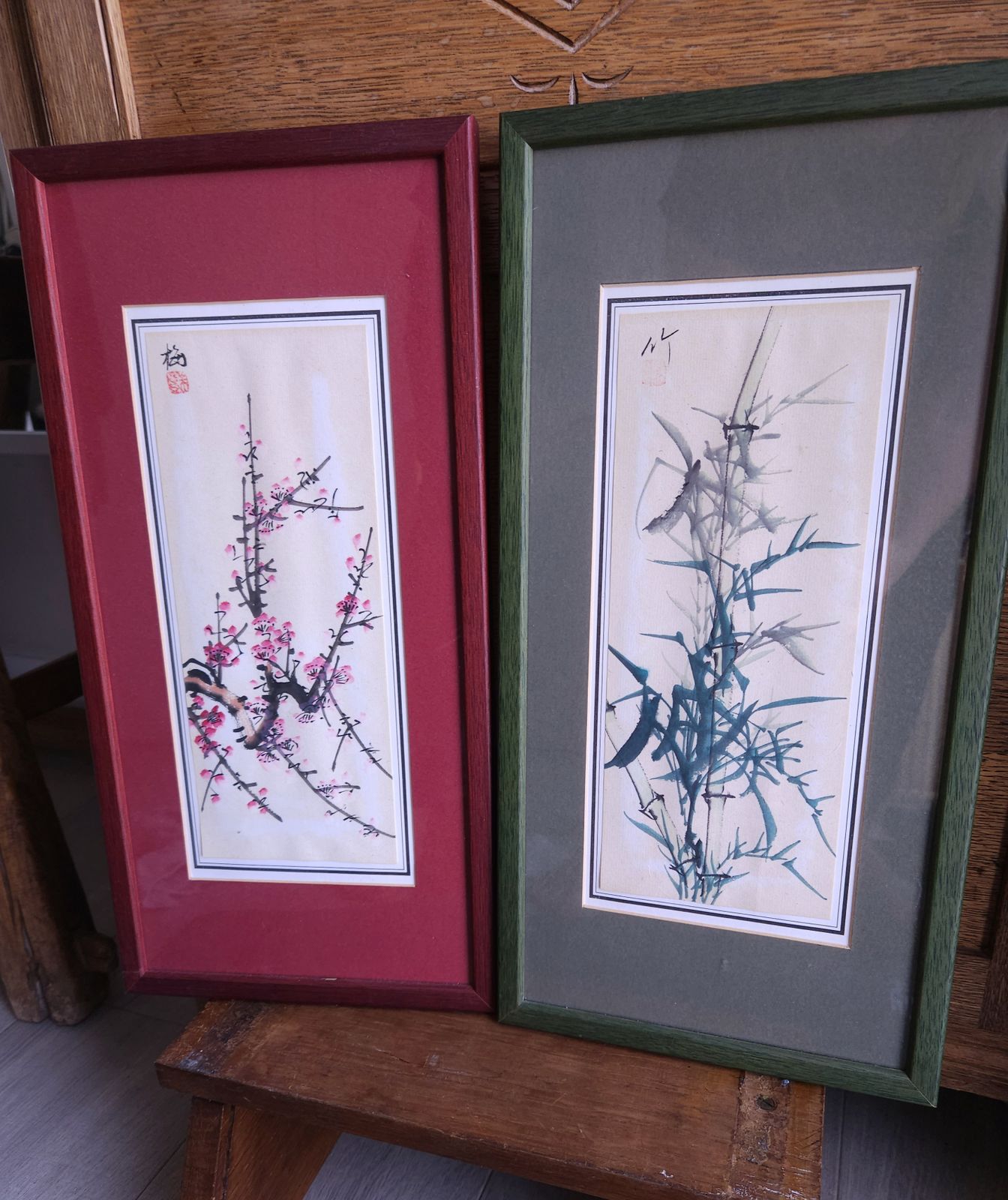 photo furniture Pair Of Pretty Japanese Watercolours, Pink Cherry Blossom & Green Bamboo
