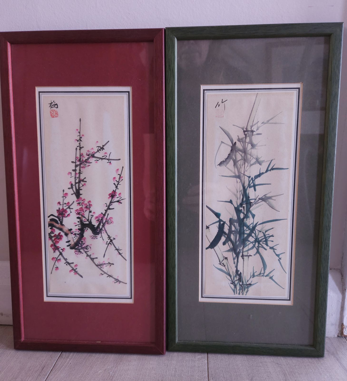photo for sale Pair Of Pretty Japanese Watercolours, Pink Cherry Blossom & Green Bamboo