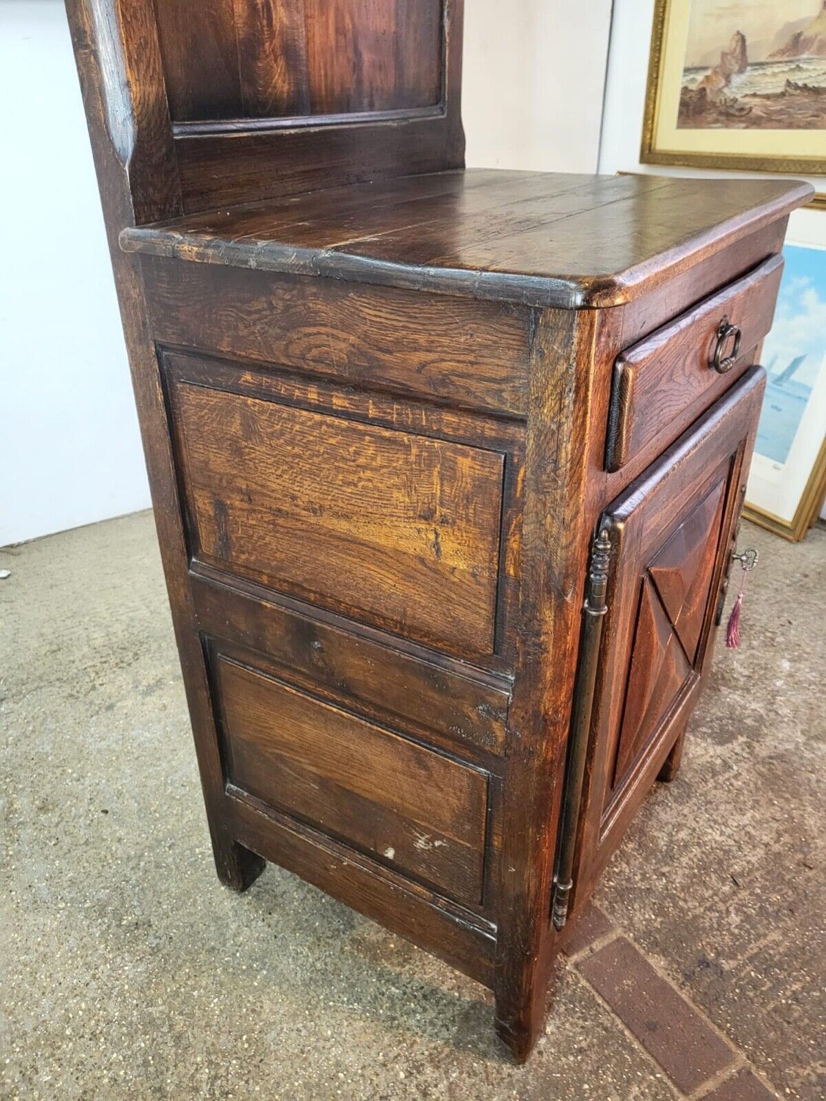 photo for sale Vintage French 20thc Oak High Back Cupboard Hall Stand Wash Stand Drawer Shelves