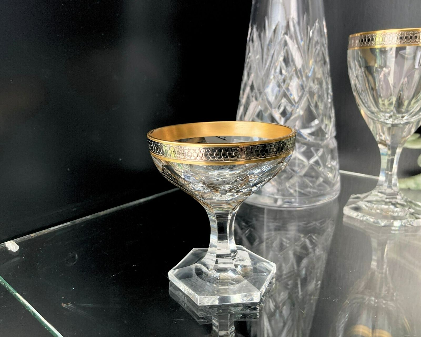 Crystal Heavy Cordial Glasses | 5pcs | Rare Titanium Trim | Lady Hamilton Style | Hexagon Foot photo for sale