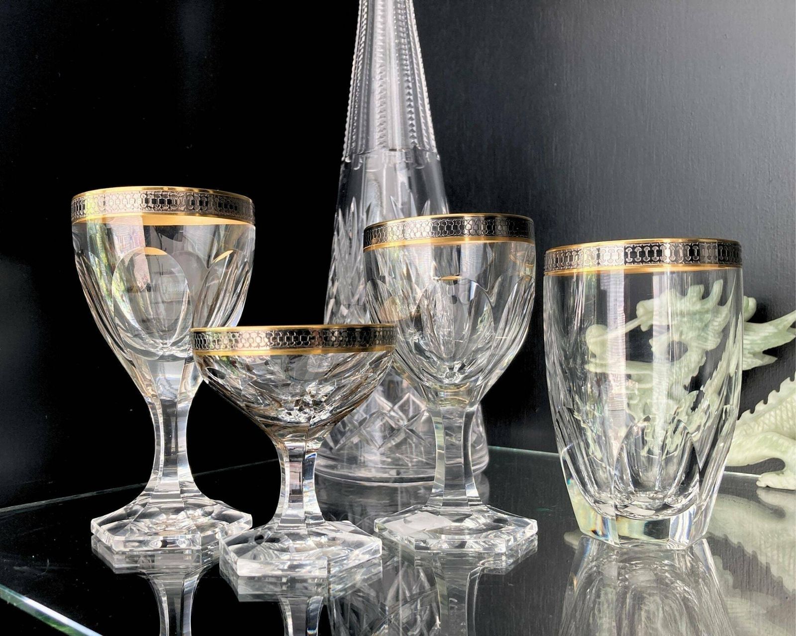 Crystal Heavy Cordial Glasses | 5pcs | Rare Titanium Trim | Lady Hamilton Style | Hexagon Foot photo Home Decor