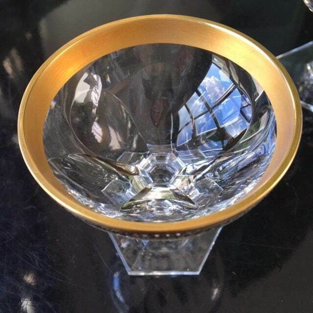 Crystal Heavy Cordial Glasses | 5pcs | Rare Titanium Trim | Lady Hamilton Style | Hexagon Foot photo vintage