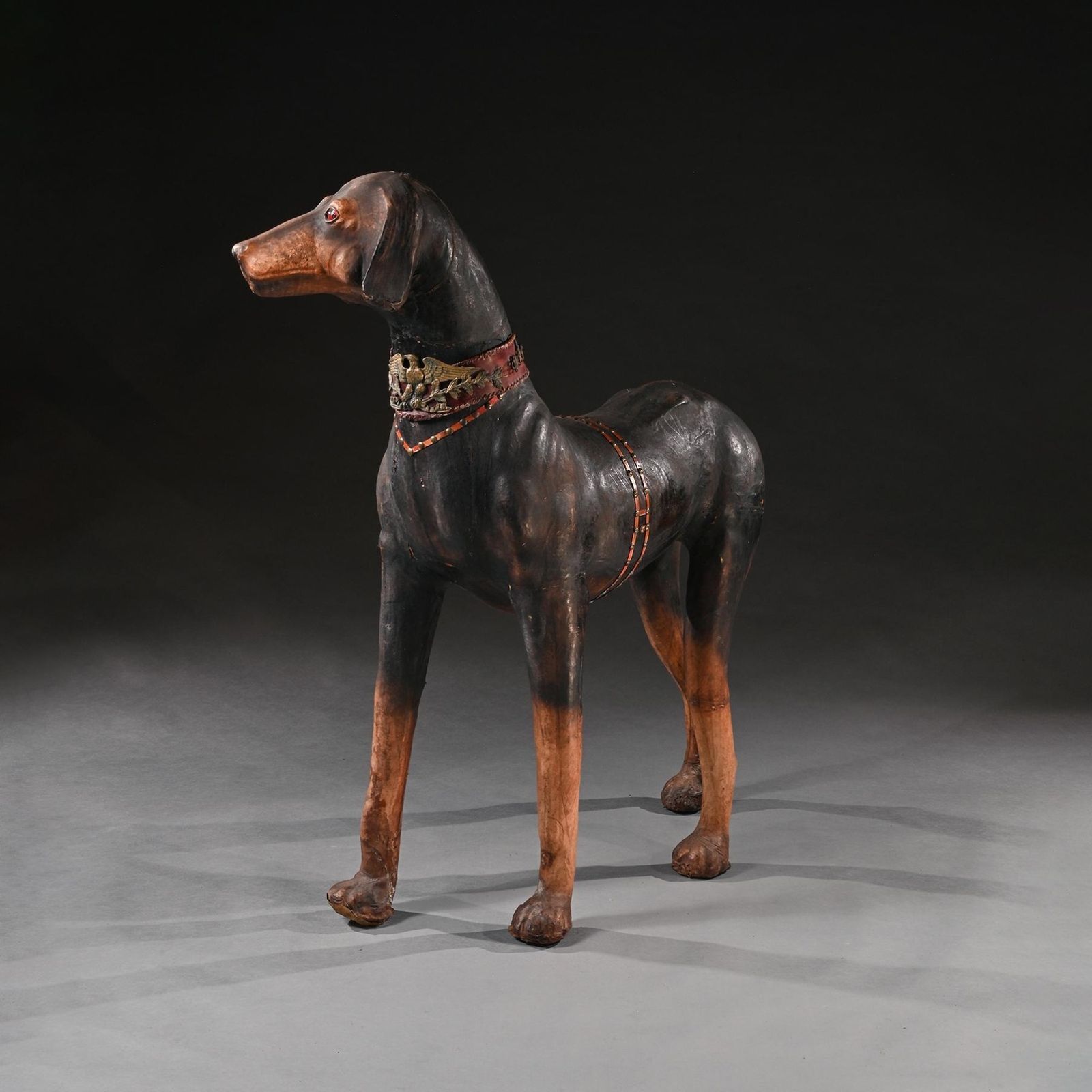 An Extraordinary Huge French Leather Model Of A Doberman Pinscher Dog Wearing Elaborate Collar With Ormolu Mounts And Harnesses photo for sale