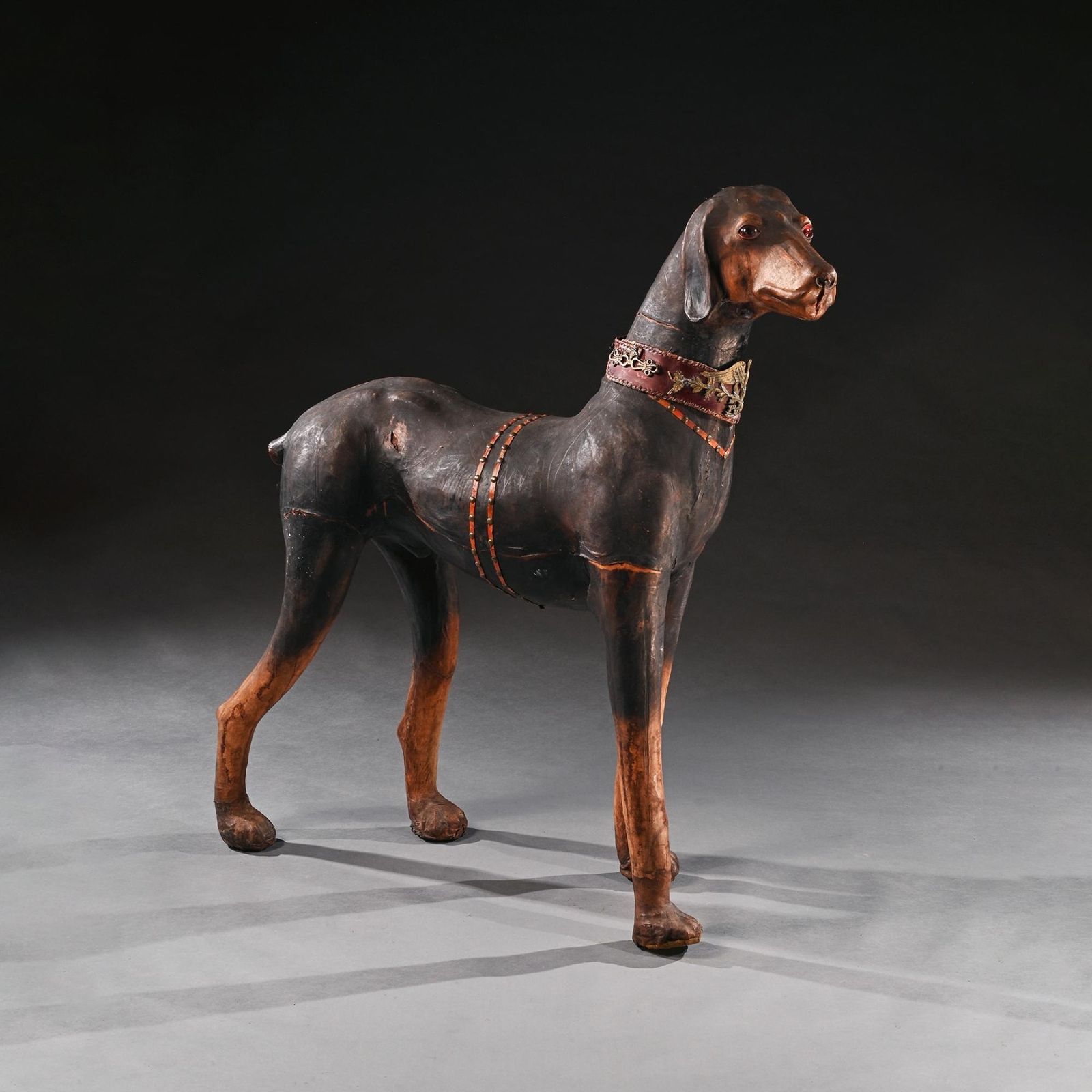 An Extraordinary Huge French Leather Model Of A Doberman Pinscher Dog Wearing Elaborate Collar With Ormolu Mounts And Harnesses photo buy