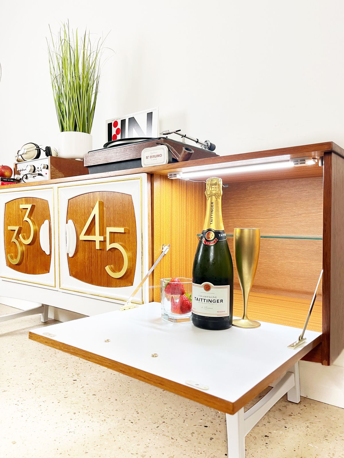 Mid Century Teak Vinyl Record Cabinet By Stonehill In Gold And White With 3d Rpm Numerals photo furniture