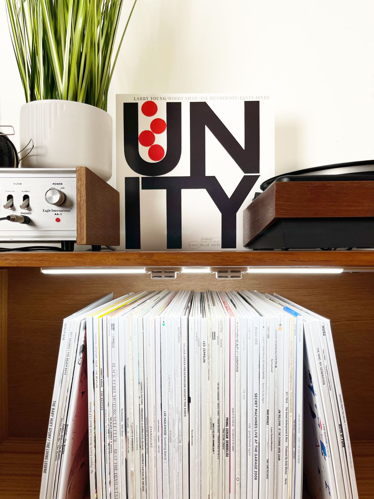 Mid Century Teak Vinyl Record Cabinet By Stonehill In Gold And White With 3d Rpm Numerals photo for sale