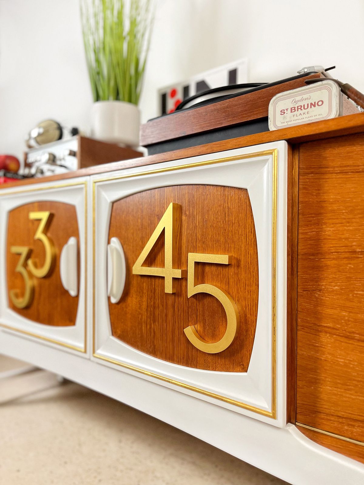 Mid Century Teak Vinyl Record Cabinet By Stonehill In Gold And White With 3d Rpm Numerals photo buy