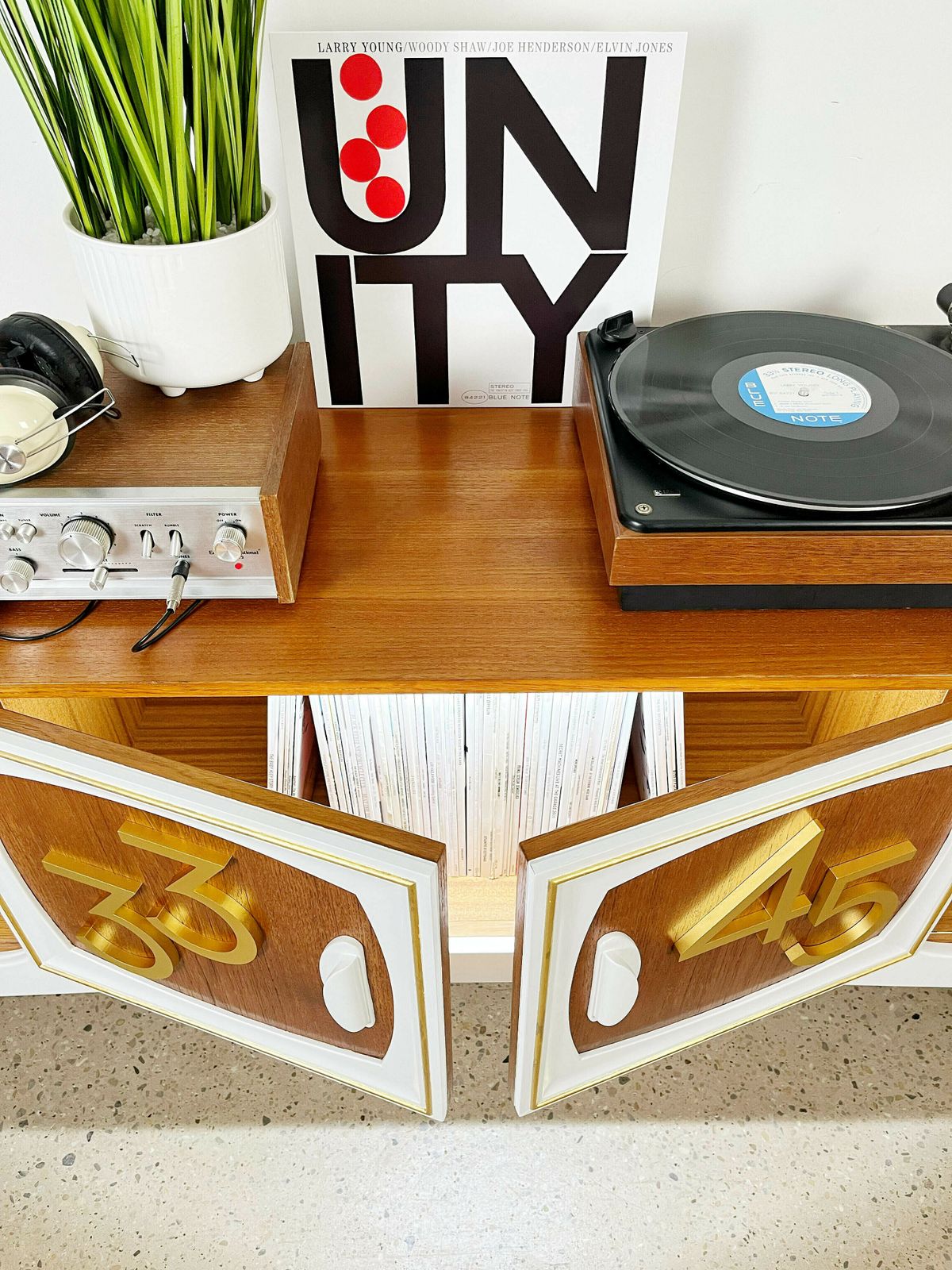 photo furniture Mid Century Teak Vinyl Record Cabinet By Stonehill In Gold And White With 3d Rpm Numerals