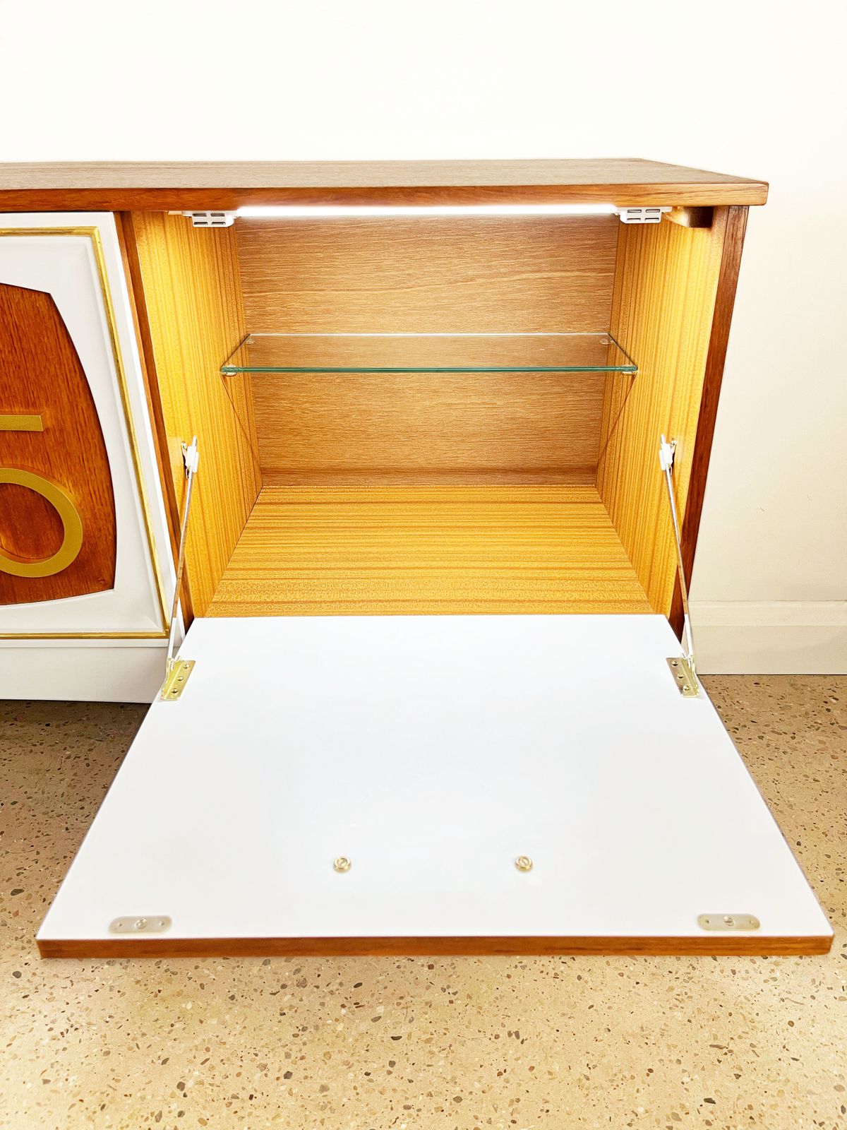Furniture Mid Century Teak Vinyl Record Cabinet By Stonehill In Gold And White With 3d Rpm Numerals photo
